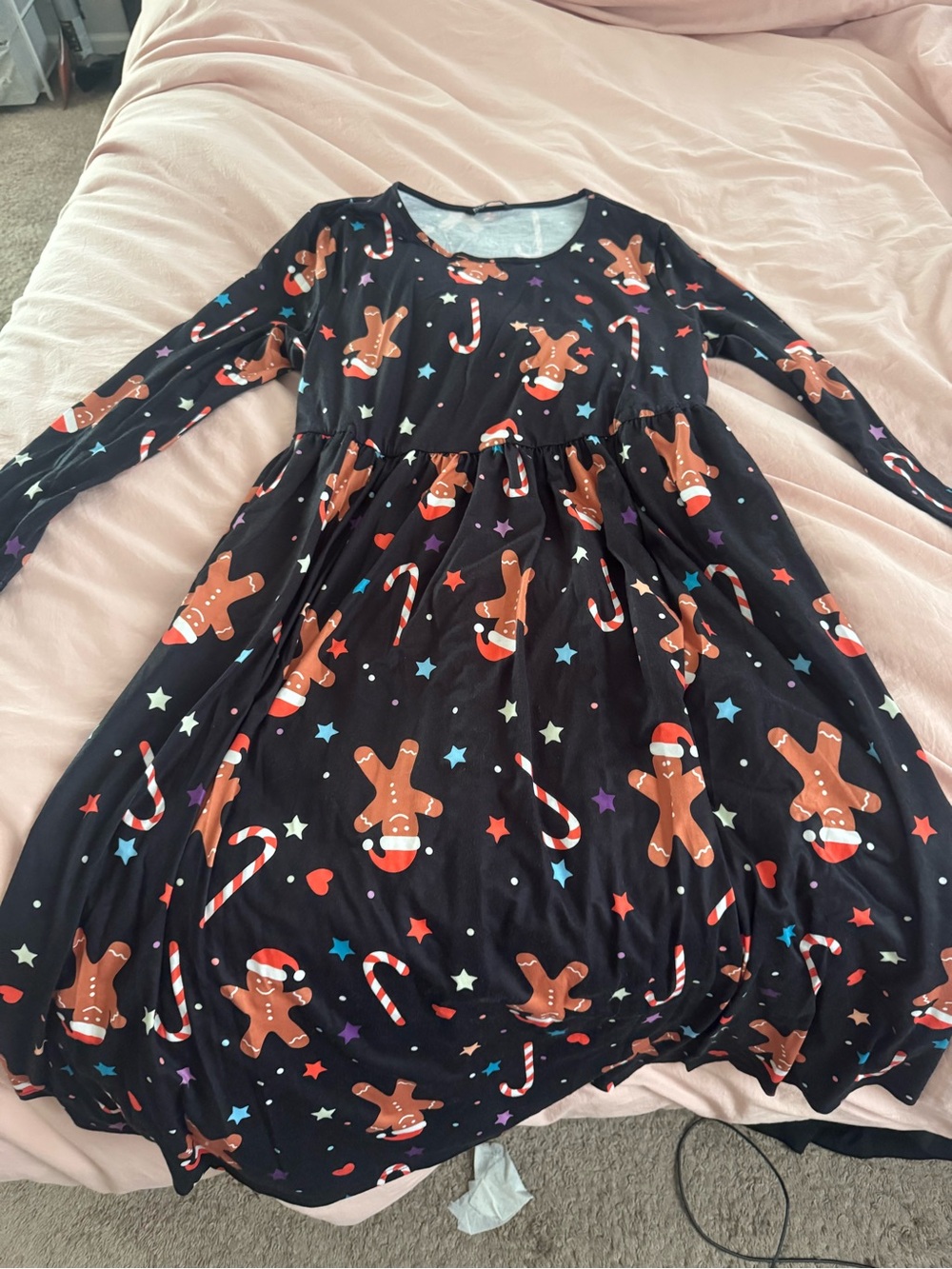 Bloomchic Black Holiday Gingerbread Candy Cane Print Dress